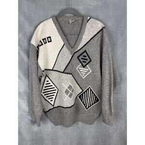 Vtg SEYLAIR TRIKO Sweater Mens XL Gray Geometric Abstract Print Shetland Wool